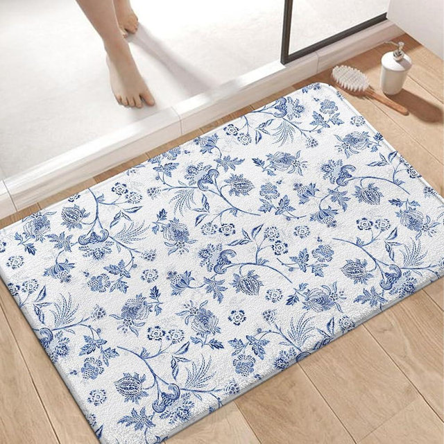 Twyt decor Blue Floral Bath Mat, Farmhouse Floral Non-Slip Bath Rug, Imitation Cashmere Soft and Absorbent Rug, Suitable for Tubs, Showers, and Sinks, 17 x 27 Inch