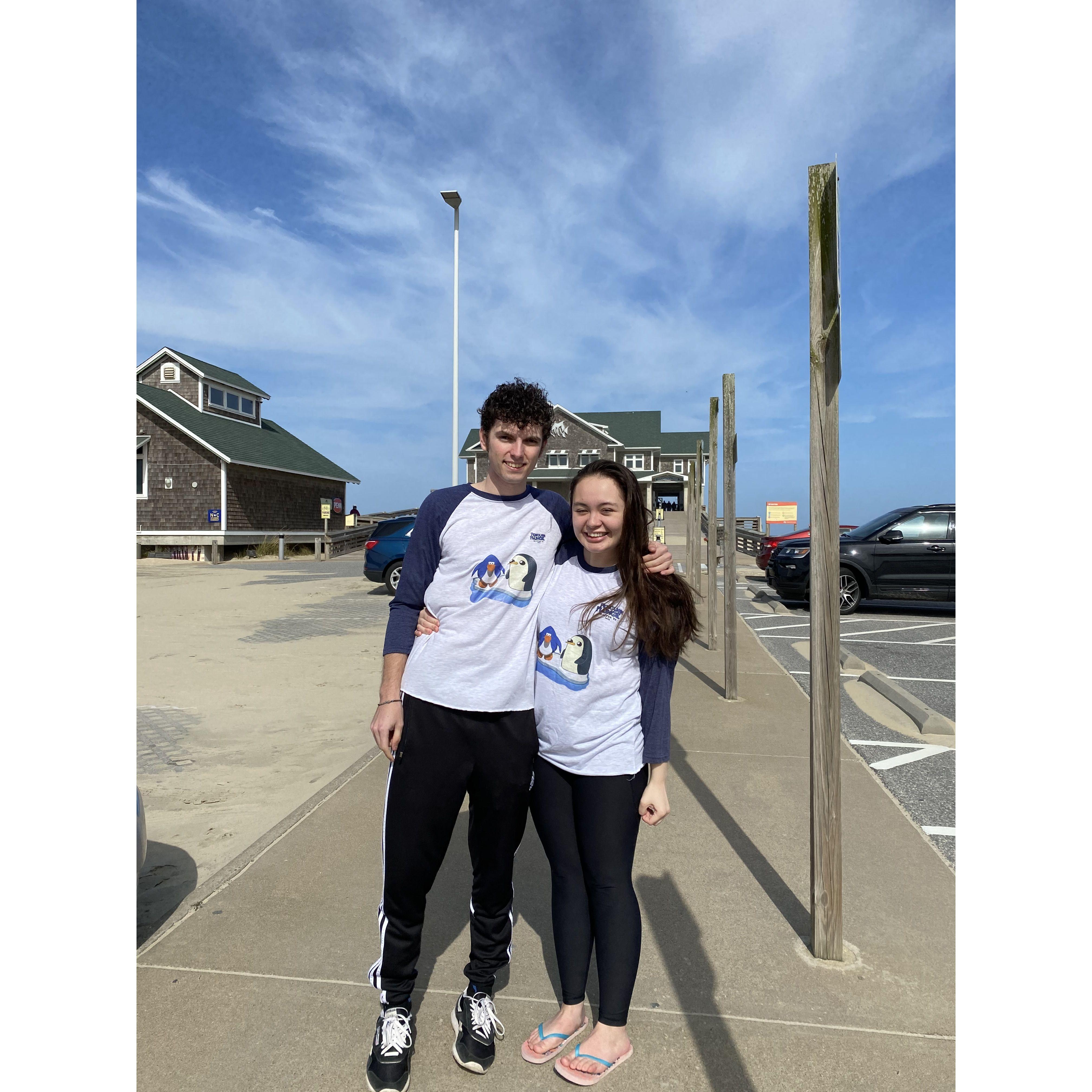 On valentines day 2021, we made our own "Penguin plunge" shirts and decided to do our plunge in Manteo, NC at the pier where Marco asked me to be his girlfriend shortly after our 1st anniversary.