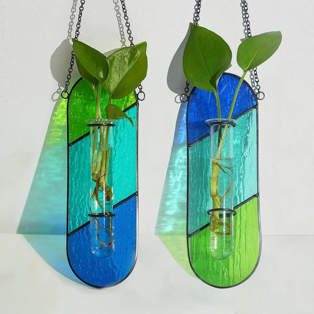 Hewory Stained Glass Plant Propagation Hanging 2 Pcs Propagation Station Planters for Window Decor - Unique Hydroponic Propagated Plant Holders for Kitchen Gifts for Mom
