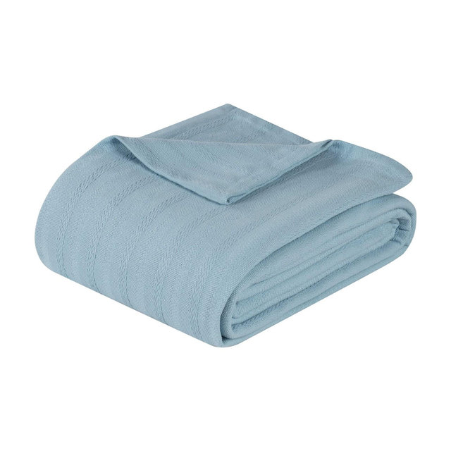 Classic Cotton Textured Striped Lightweight Woven Blanket, Twin, Light Blue - Blue Nile Mills