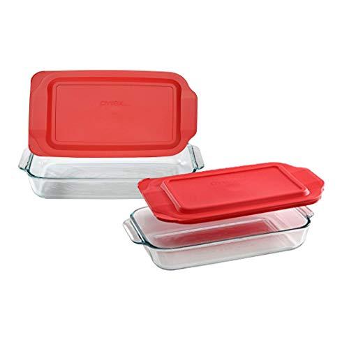 Pyrex Basics Clear Glass Baking Dishes, 1 (3 Quart) Oblong Dish and 1 (2 Quart) Oblong Dish with Red Plastic Lids