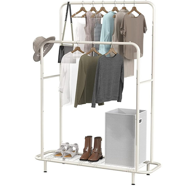 Simple Houseware Double Rod Clothing Garment Rack with Bottom Shelves, White