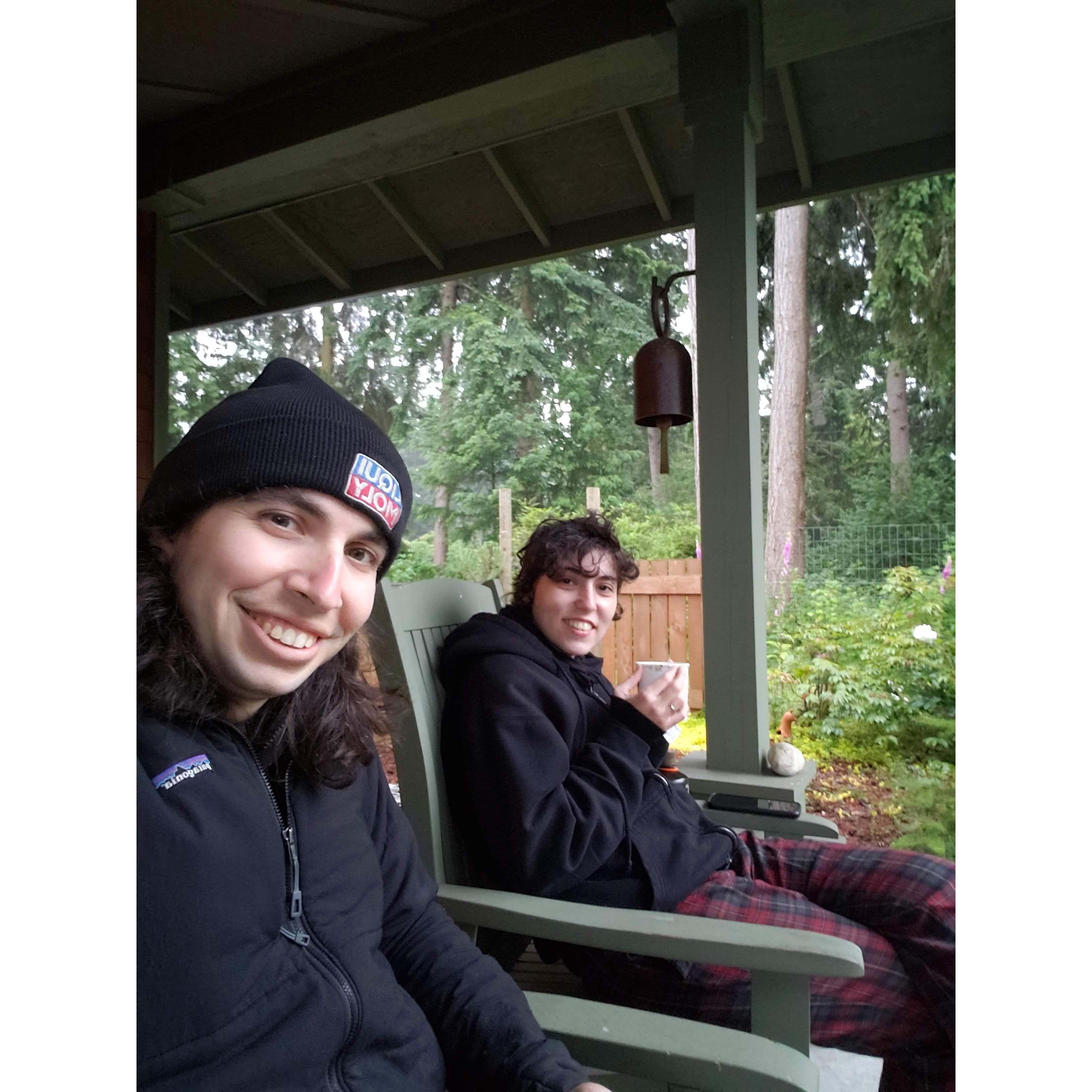 Rex and Yara enjoying the peaceful quiet from their Airbnb on Whidbey Island