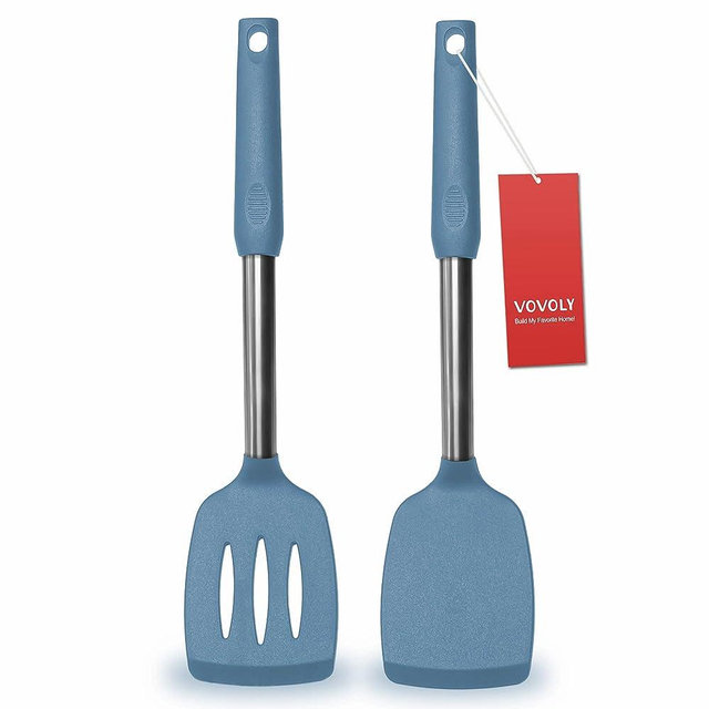 2 Pack Spatulas, Solid & Slotted Silicone Spatula Set, Stainless Steel Handle Coated with Silicone, Non Stick, Heat Resistant BPA Free Rubber Flipper for Fish, Eggs, Pancakes, WOK, Starry Blue
