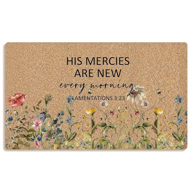 Mingnei Christian Floral Coco Coir Doormat Door Mat for Home House Entrance, His Mercies are New Every Morning Bible Verse Wildflower Floor Mats for Outdoor Outside Entryway 30x17 Welcome Mat