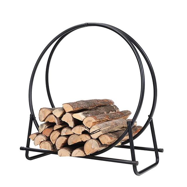 PHI VILLA 30 Inch Log Hoop Firewood Rack Fireplace Wood Storage Holder, Indoor/Outdoor Heavy Duty Iron Black