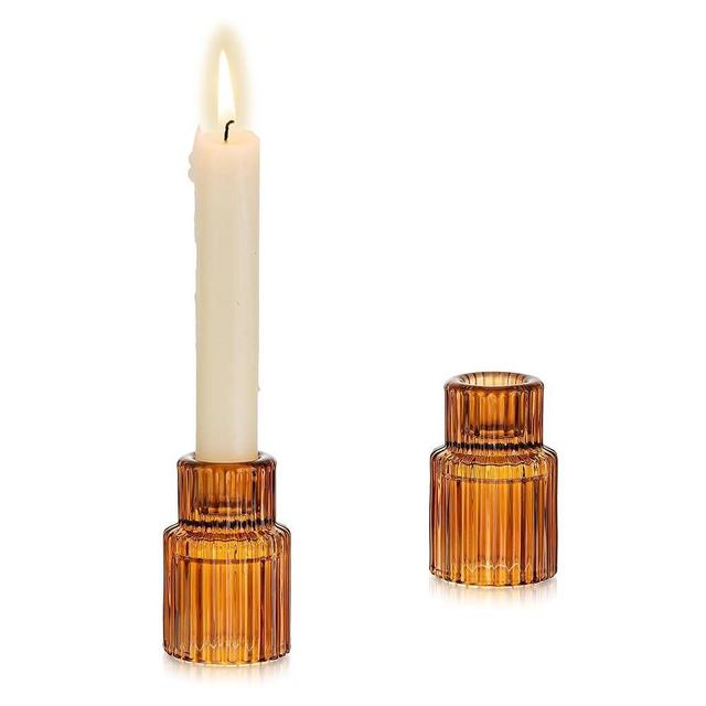 Glasseam Glass Tapered Candlestick Holders: Amber Ribbed Set of 2 for Table Centerpiece, Fall Decor, Christmas Party, Halloween, Thanksgiving