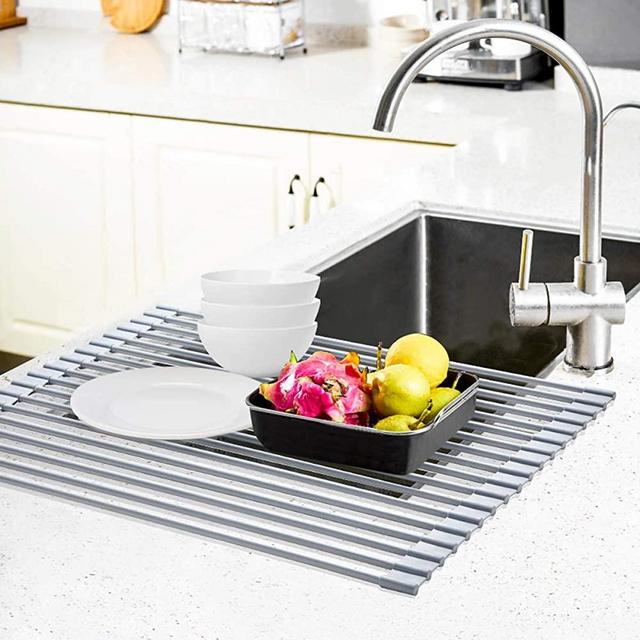 Roll Up Dish Drying Rack, Ohuhu Large Dish Drying Rack, 17.6"L X 15.4"W, Dish Rack Over Sink, Collapsible Multipurpose Silicone Coated Stainless Steel Dish Drainer Mat, Dish Drainer Tray, Grey