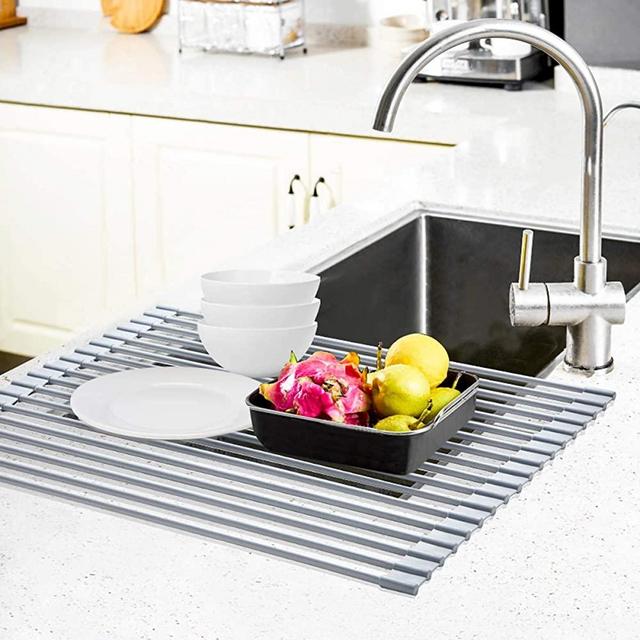 G-TING Dish Drying Rack 17.6 x 16, Over Sink Roll Up Large Dish Drainers  Rack, Multipurpose Foldable Kitchen Sink Rack Mat Stainless Steel with