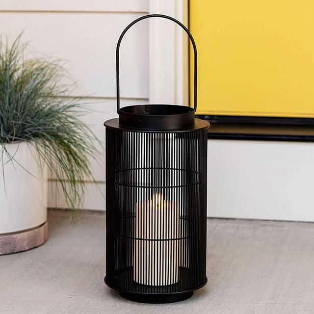 Black Lantern with Flameless Candle - 12 Inch, Realistic Pillar Candle, Waterproof Metal for Outdoor Decor, Large Rustic Fall Centerpiece or Decorative Patio Lighting - Batteries Included