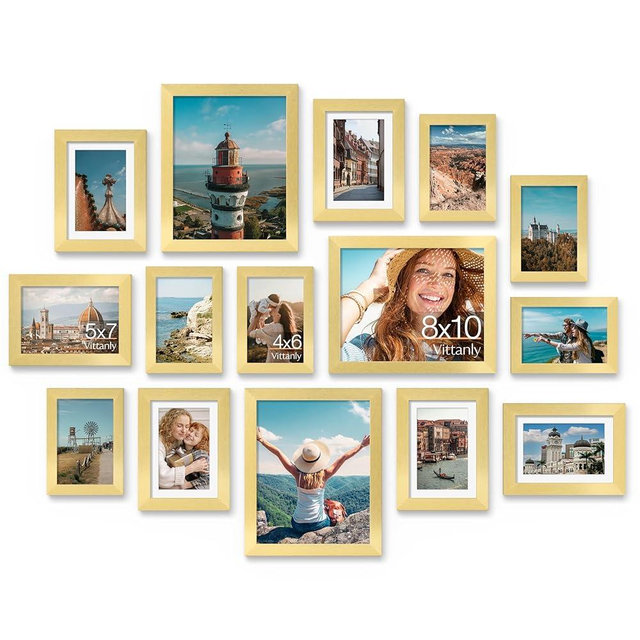 Vittanly 15 Pack Picture Frames Collage Wall Decor for Mounting or Tabletop Display, Gallery Frame Set for Family, Multi Sizes Including 3pcs 8x10, 6pcs 5x7, 6pcs 4x6, Gold