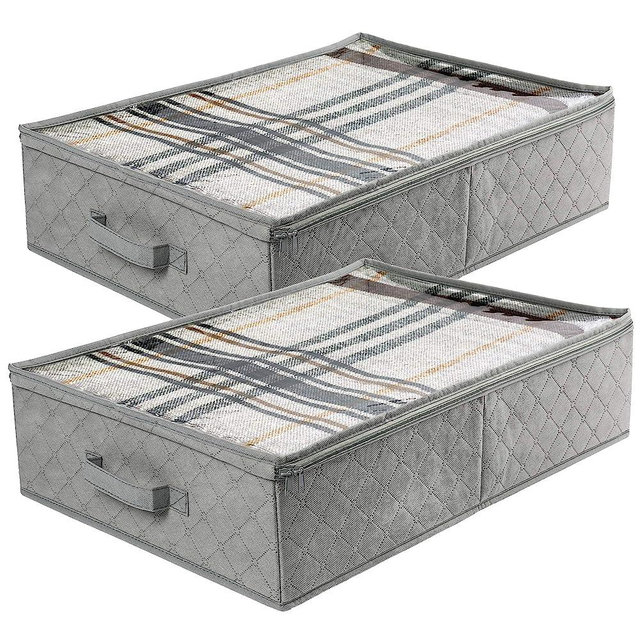 Foldable Underbed Storage Bags, Closet Organizers and storage bins, Clothes Blankets Organizer, with Clear Window and Reinforced Handles, 24” x 16” x 6", Gray, Pack of 2