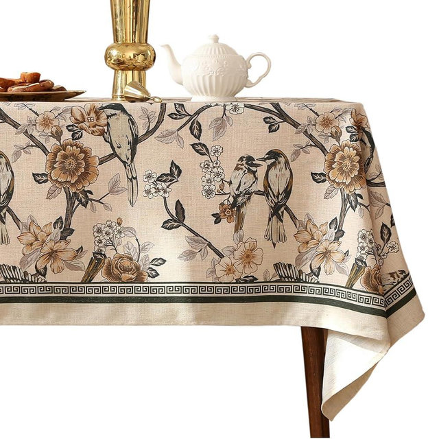 ISAENNE Designer Vintage Linen Extra Long Tablecloth Rectangle,Floral and Bird Pattern Elegant Table Cloth,Fall Wrinkle Resistant Decor Tablecloths for Dining Kitchen Christmas,63"*110"-Murad A