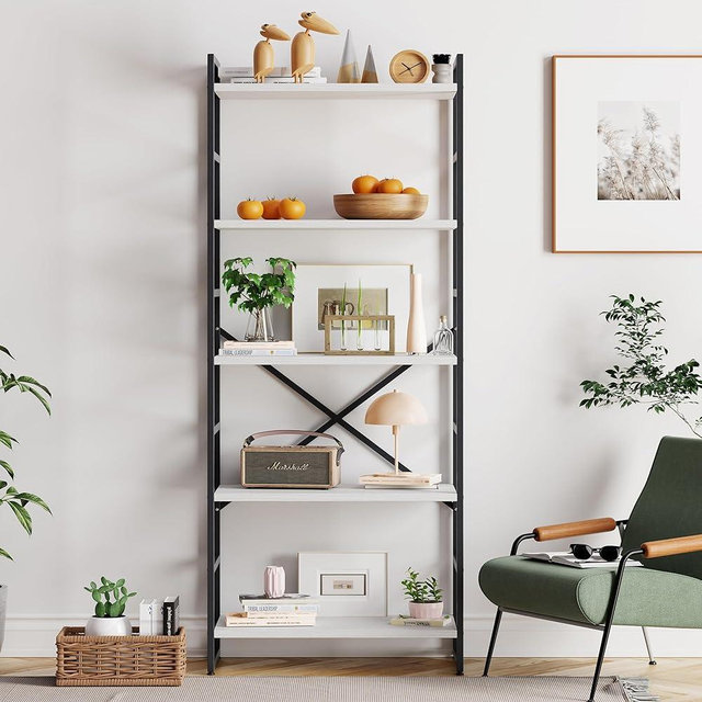 Vongrasig 5 Tier Bookshelf, Modern Tall Bookcase, Industrial Book Shelves Display Standing Shelf, Free Standing Storage Organizer for Bedroom, Living Room, White