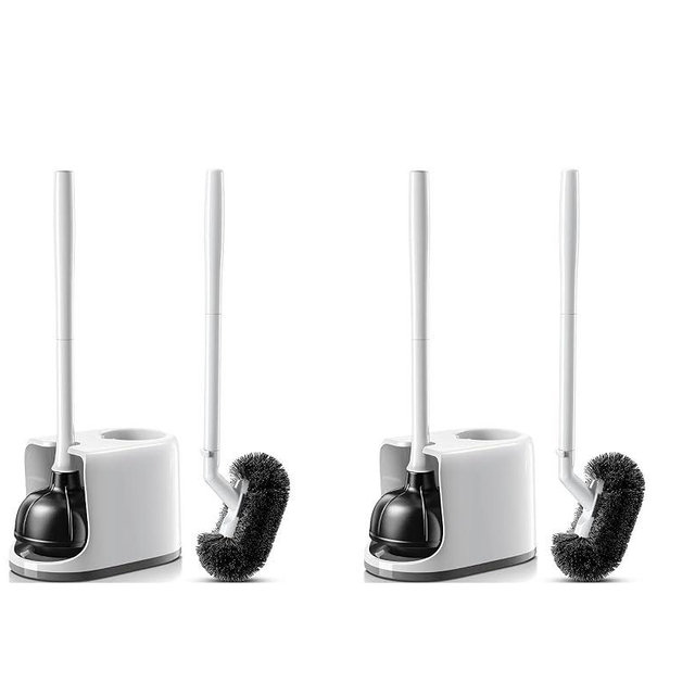 HAMITOR Toilet Plunger and Brush Set for Bathroom Cleaning with Extented Handle - Heavy Duty Toilet Plunger Combo Accessories with Caddy Stand Holder for Small Space - White,2 Sets