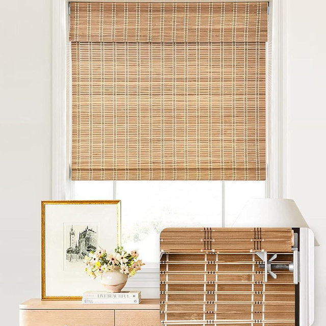 LazBlinds No Tools No Drill Cordless Bamboo Roman Shades, Light Filtering Window Treatment, Roll Up Bamboo Blinds for Windows 34'' W x 64'' H, Brown
