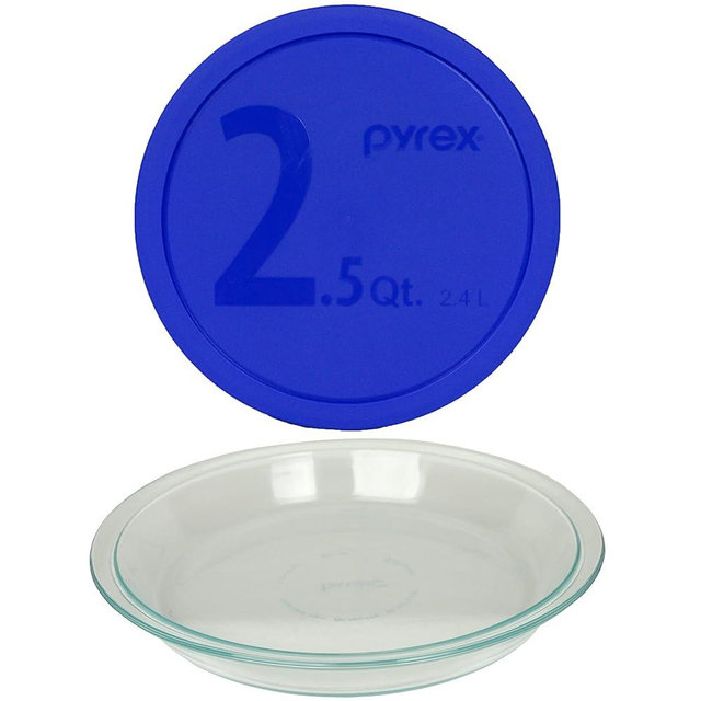 Pyrex (1) 23-CM Vintage 9in Pie Plate #209, & (1) 325-PC 2.5qt Blue Mixing Bowl Lid Made in the USA