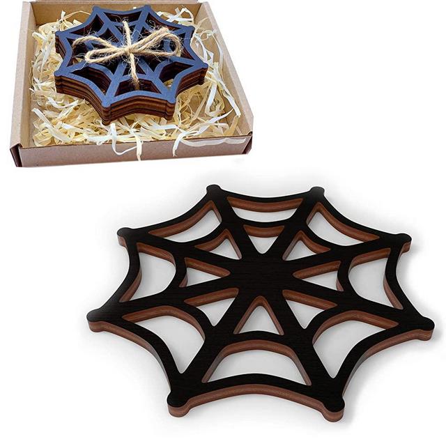 Marolen Black Spider Web Wooden Coasters - This Spooky Home Decor Includes 4 Spider Web Coasters - Great Gift for Gothic Home Decor Lovers and as Halloween Home Decor