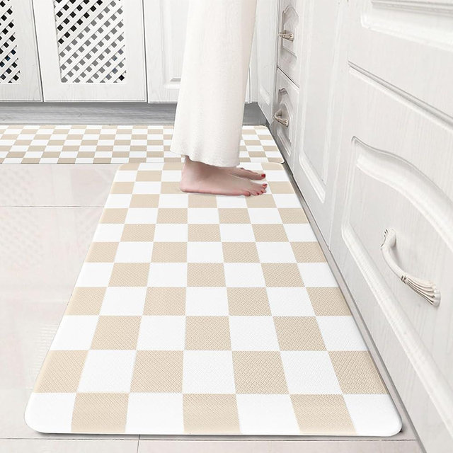 VivaNest Cream Checkered Grid Checkerboard Kitchen Rug Sets [2 PCs], Anti-Fatigue, Waterproof Non-Slip Kitchen Mats Heavy Duty Ergonomic Comfort Foam Rug for Floor, Home, Laundry,17"x29"+17"x47"
