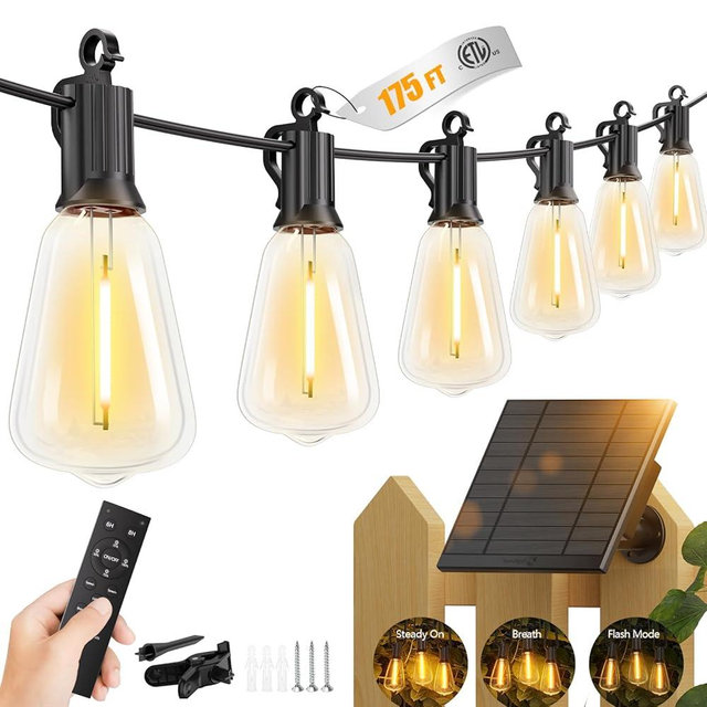 Brightown 175FT Solar String Lights Outdoor Waterproof with Remote, 56+2 LED Shatterproof Bulbs, Dimmable & Timable, 3 Light Modes - Commercial Grade Patio Lights for Garden Backyard Party Decor