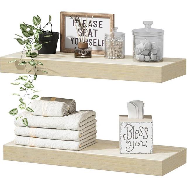 QEEIG Bathroom Shelves Wall Shelf Over Toilet Small 16 inch Set of 2, Natural Light Brown (008-40N)