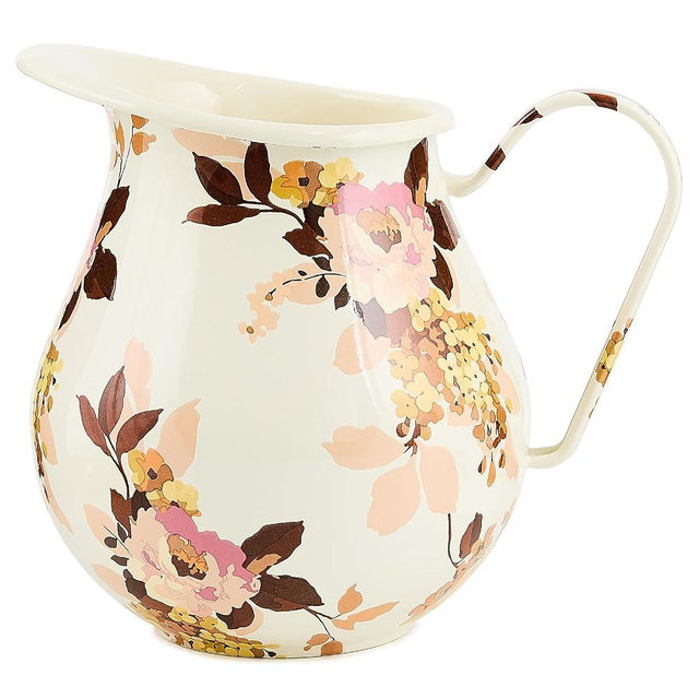 MACKENZIE-CHILDS Enamel Pitcher with Spout, Cute Water Pitcher, 3 Quarts, Wild Rose White