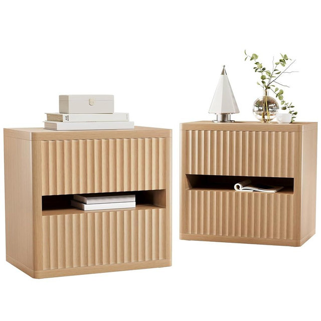 Dripex Fluted Nightstand Set of 2, 22'' Wide Night Stand with 2 Large Drawers, Mid Century Modern Wood Bedside Table with Open Shelf, Large Bed Side End Table for Bedroom, Natural Oak