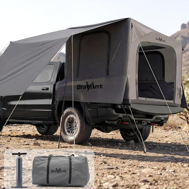 BravArrk Inflatable Truck Bed Tent with Detachable Zippered Awning, Pickup Truck Tent for 5.5ft-8ft Bed, 2 Mins Fast Setup Blow Up Tent for Truck, PU3000 Waterproof Truck Tent for Camping