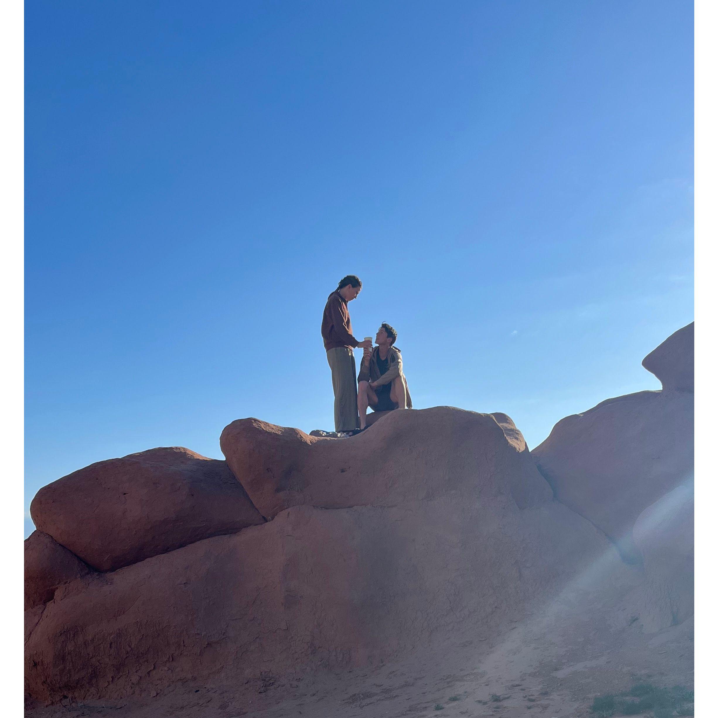 No, he is not proposing... I am giving Jerome coffee after he slept on that rock all night