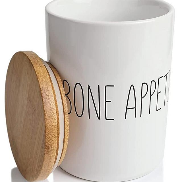 Arthausen Pet Treats "Bone Appetit" Ceramic 1080mL 4 cup Pet Food Storage Jar Canister with Airtight Bamboo Lid and Bamboo Spoon for Countertop, Treats for Dog Puppy Cat Kitten Rawhide Milkbone