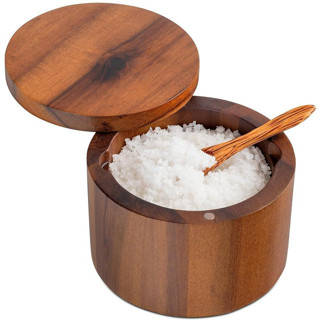9-ounce Salt Cellar with Spoon and Swivel Lid, Acacia Wood Salt & Spice Box, Salt Keeper, Wood Jar for Kitchen, Perfect for Storing Table Salt, Gourmet Salts, Herbs, or Your Favorite Seasonings