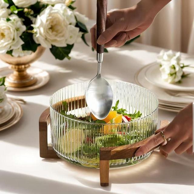 LXSMPWY Extra Large Glass Salad Bowl with Bamboo Base-3QT Party Serving Bowl Set with Utensils, Durable Calcium Glass & Rustic Wood Stand for Entertaining, Dishwasher-Safe Fruit/Vegetable Mixing Bowl