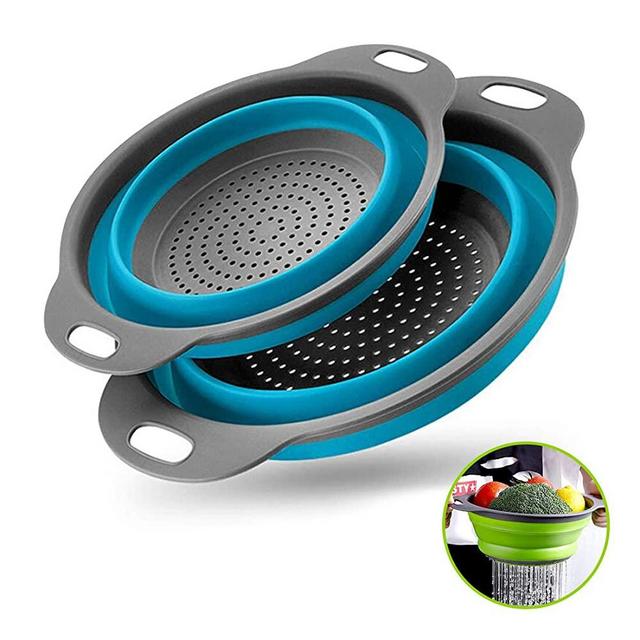 Collapsible Colanders with Handles with Extendable Handles Perfect for Draining Pasta Vegetable fruit 2 PC (Blue)