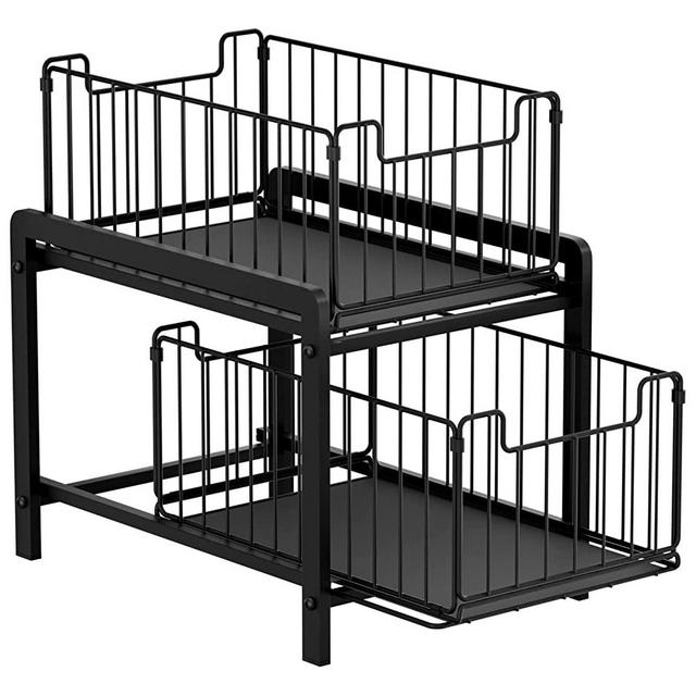 2 Tier Under Sink Organzier, NPPLUS Iron Under Sink Cabinet Organizers With Sliding Drawer, Pull-Out Home Organizer For Bathroom, Kitchen - Black