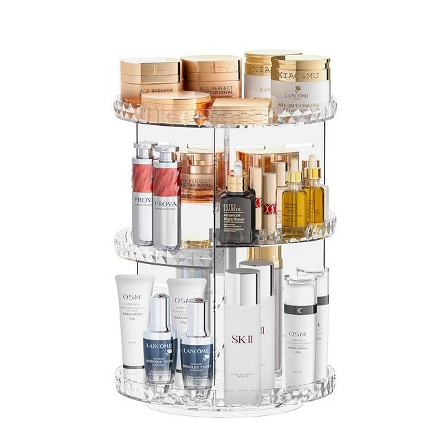COMVTUPY 360° Rotating Makeup Organizer, Adjustable Layer Skincare Organizer with Brush Holder Perfume Tray, Cosmetics Organizer For Vanity Bathroom Countertop, (Clear)