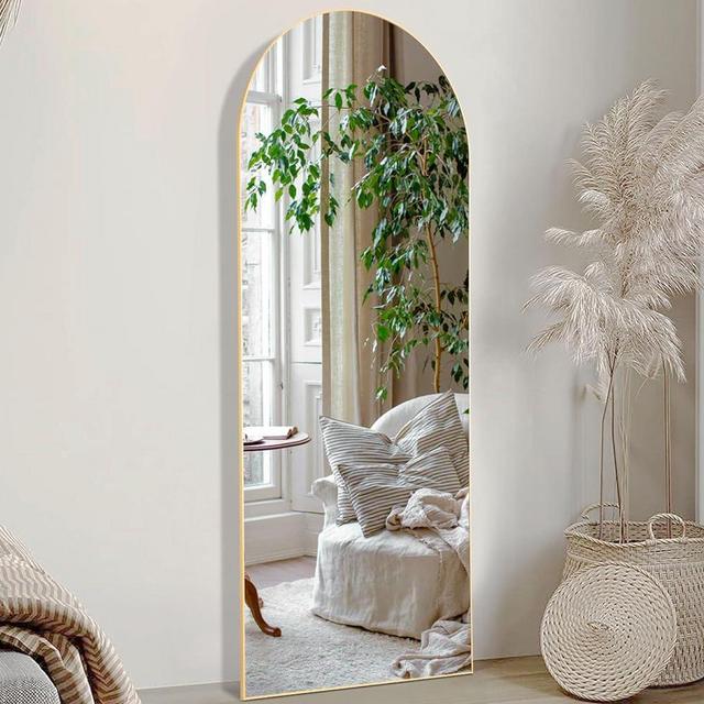 Arched Full Length Mirror 59"x16" Full Body Mirror Floor Mirror Standing Hanging or Leaning Wall, Arch Wall Mirror with Stand Aluminum Alloy Thin Frame for Living Room Bedroom Cloakroom,Gold