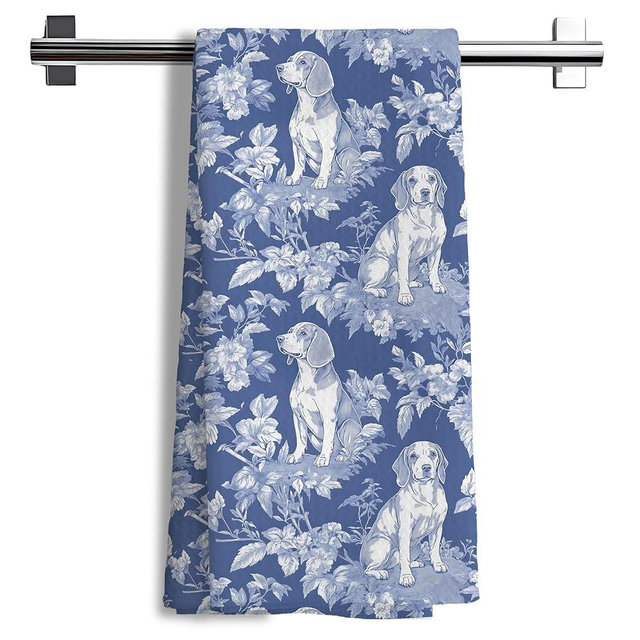Nipil Chinoiserie Floral Beagle Decor Kitchen Towels, Blue and White Floral Beagle Decorative Dish Tea Towels,Grandmillennial Dog Hand Towels for Kitchen Bathroom, Beagle Gifts，16x24 Inch