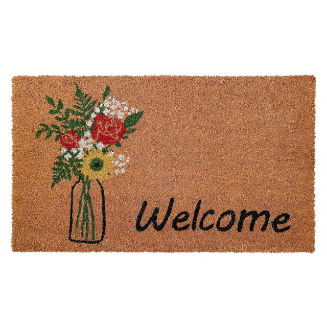 HomeRoots 17" X 29" Natural Green and Black Coir Floral Welcome Outdoor Door Mat