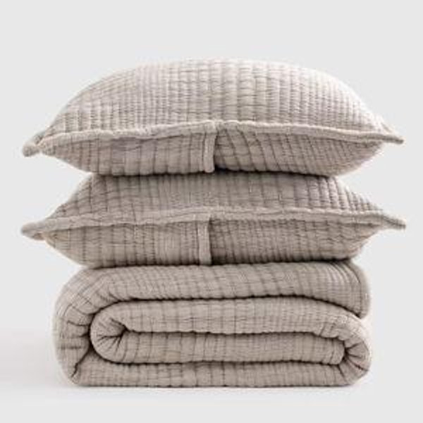 Organic Cotton Channel Stitch Coverlet Set in Taupe