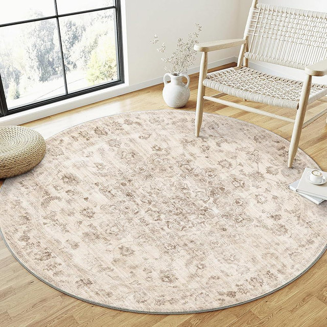 WondRg 5x5 Washable Neutral Round Rug Beige Vintage Entryway Kitchen Cirlce Rug Non-Slip Soft Low Pile Farmhouse Indoor Carpet for Entrance Bathroom Dining Room