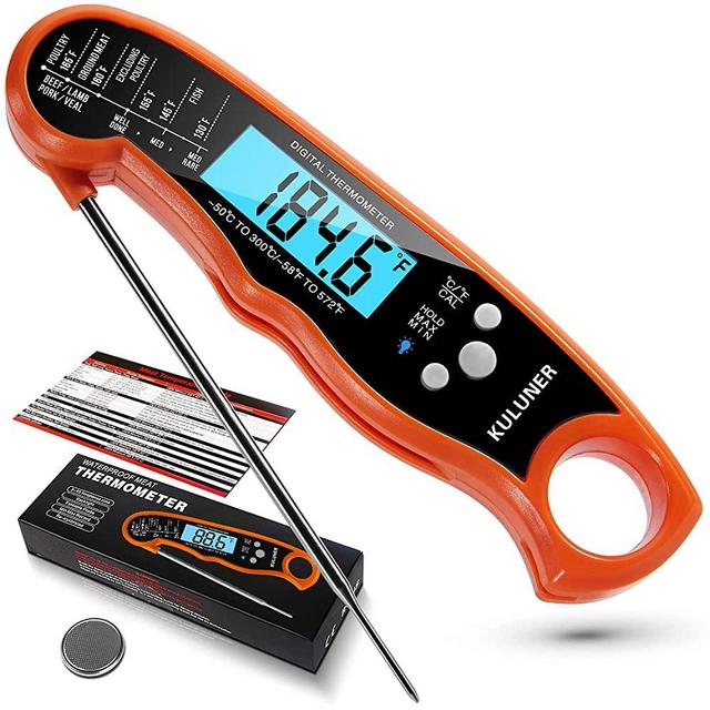 KULUNER TP-01 Waterproof Digital Instant Read Meat Thermometer with 4.6” Folding Probe Backlight & Calibration Function for Cooking Food Candy, BBQ Grill, Liquids,Beef(Orange)
