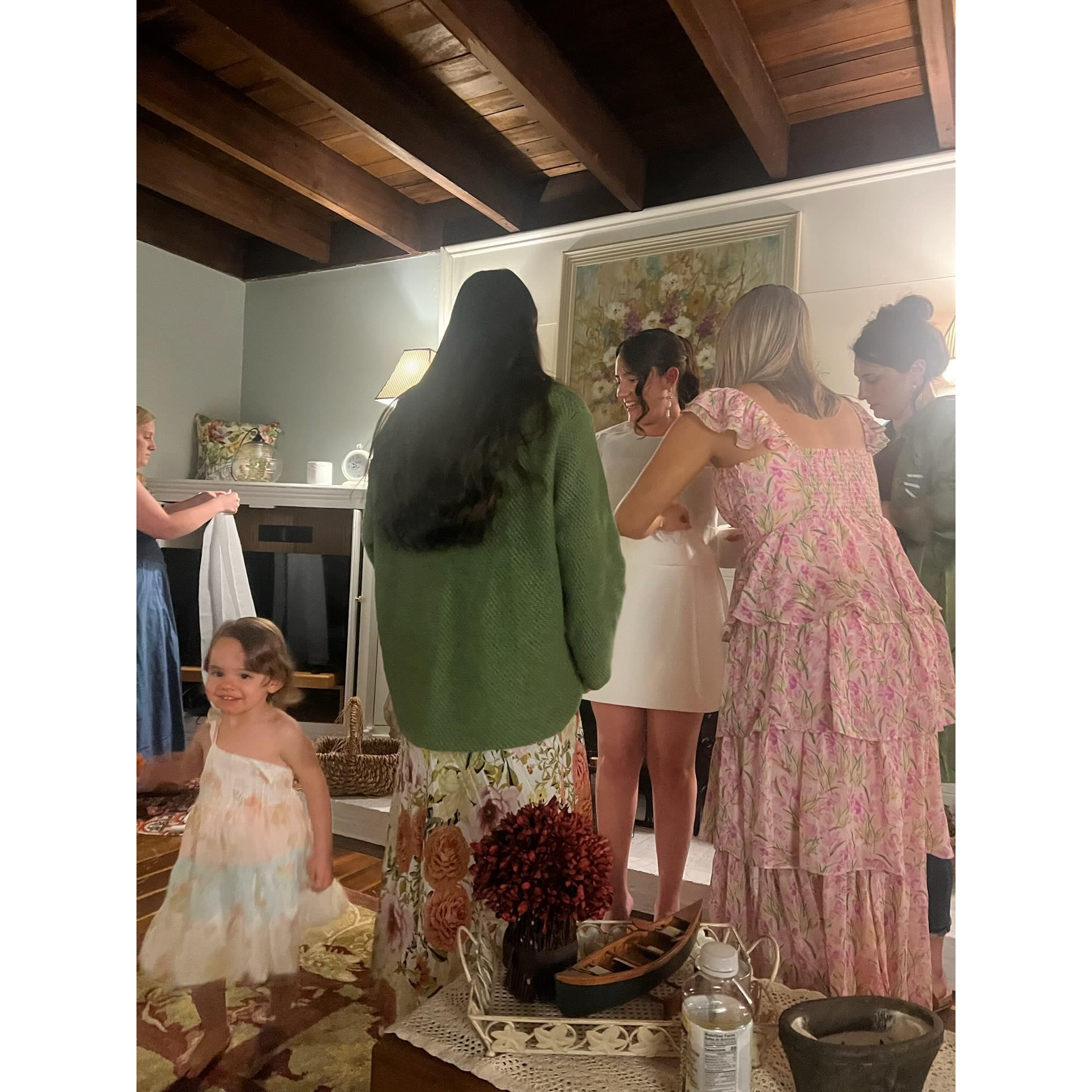 Engagement Party! The girls created a gorgeous bridal gown made from toilet paper.