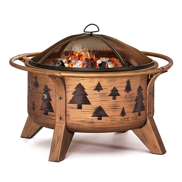 Sunjoy 30 in. Outdoor Wood-Burning Fire Pit, Patio Tree Motif Round Steel Firepit Large Fire Pits for Outside with Spark Screen and Poker