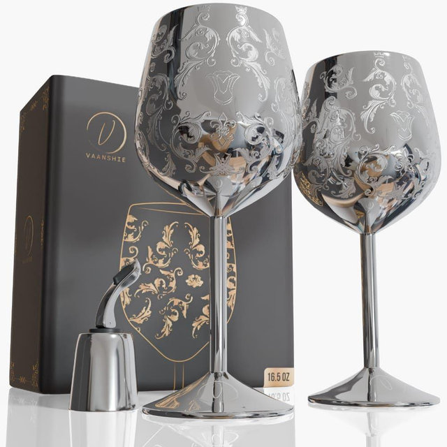 Vaanshie 17oz Stainless Steel Wine Glasses [Set of 2] – Silver Royal Goblets with Intricate Baroque Engravings, Unbreakable and Shatterproof Wine Cups with Bottle Stopper for Travel, Mother's Day Gift