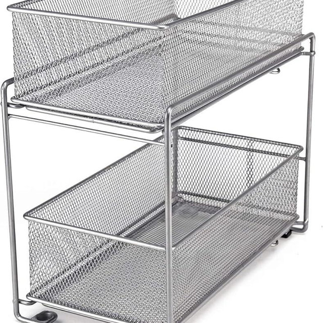 Bremoon 2 Tier Sliding Basket Stackable Cabinet Pull-Out Drawer Mesh Organizer for Kitchen Under Sink Storage (Silver)