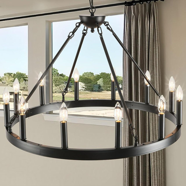 ZBMYRBZJ Black Wagon Wheel Chandelier 32 inch,12-Light Farmhouse Wagon Wheel Chandeliers Round Industrial Ceiling Light fixtures for Outdoor Porch high Ceilings Living Dining Room Foyer Entryway
