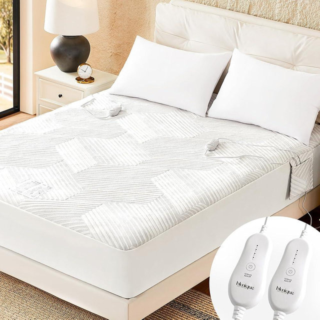blunique Electric Heated Mattress Pad Queen Size Dual Control Bed Warmer, Deep Pocket, Side Storage Pouch for Controller, Machine Washable, 3D Air Layer Fabric, 60"x80", Grey