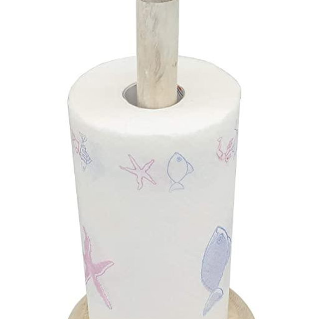 Bird Design Shabby Whitewashed Wood Paper Towel Holder Stand Up Paper Towel Holder, Easy One-Handed Tear Kitchen Paper Towel Dispenser with Weighted Base for Standard Paper Towel Rolls