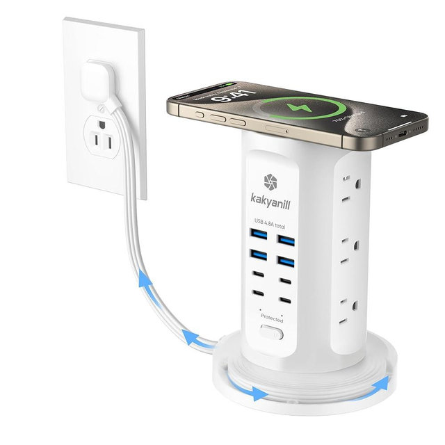 Power Strip Tower, kakyanill Surge Protector Tower 9 AC Outlets 8 USB (4 USB C), 6 Ft Retractable Extension Cord, Charging Station for Office Dorm Room, White