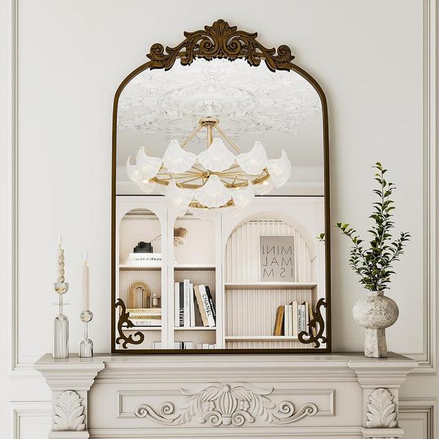 38"x 26" Arched Bathroom Mirror, Wall-Mounted Mirror with Carved Metal Frame & Bottom Art Carved, Vanity Mirror for Home Decor, Hanging Wall Mirror with Baroque Ornate Carved Accents, Vintage Bronze
